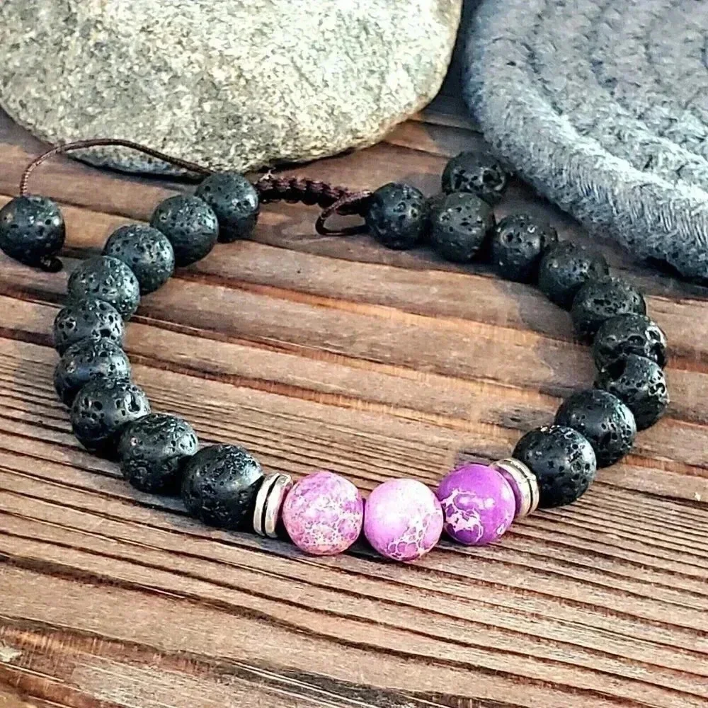 Handcrafted Chakra Bracelet Purple Aqua Terra Jasper Black Lava